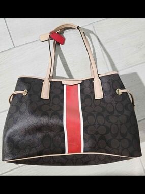 Coach Brown Signature Tote with Red Center Stripe and Pale Pink Trim